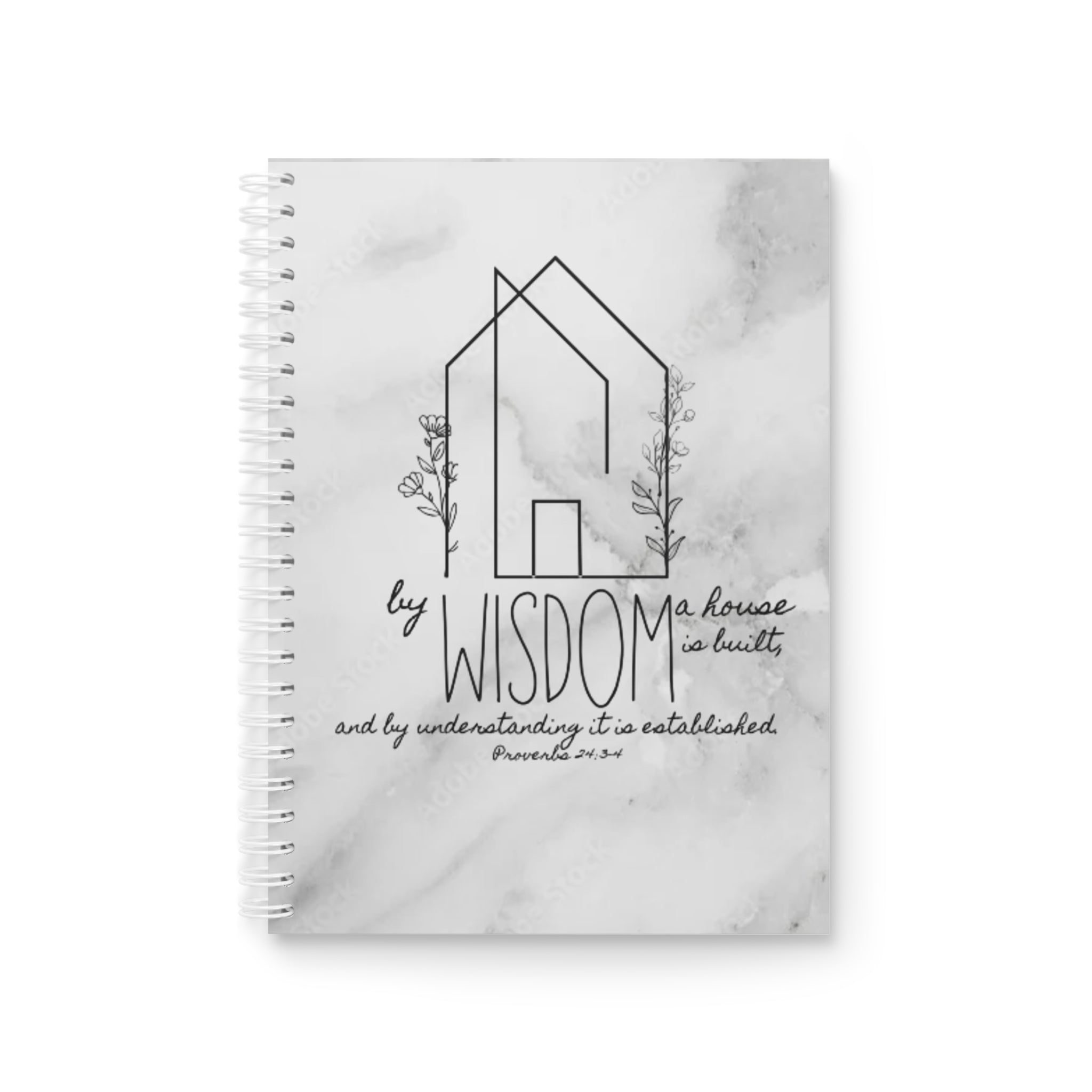 Wisdom Quote Spiral Notebook — Marble Christian Journal (Proverbs 24:3)