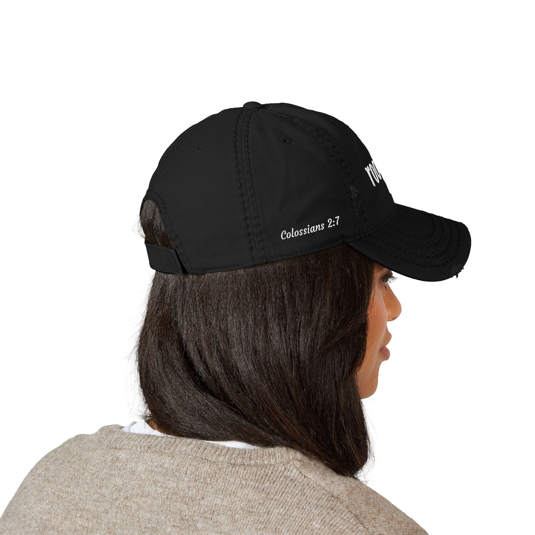 Rooted Embroidered Distressed Hat — Colossians 2:7