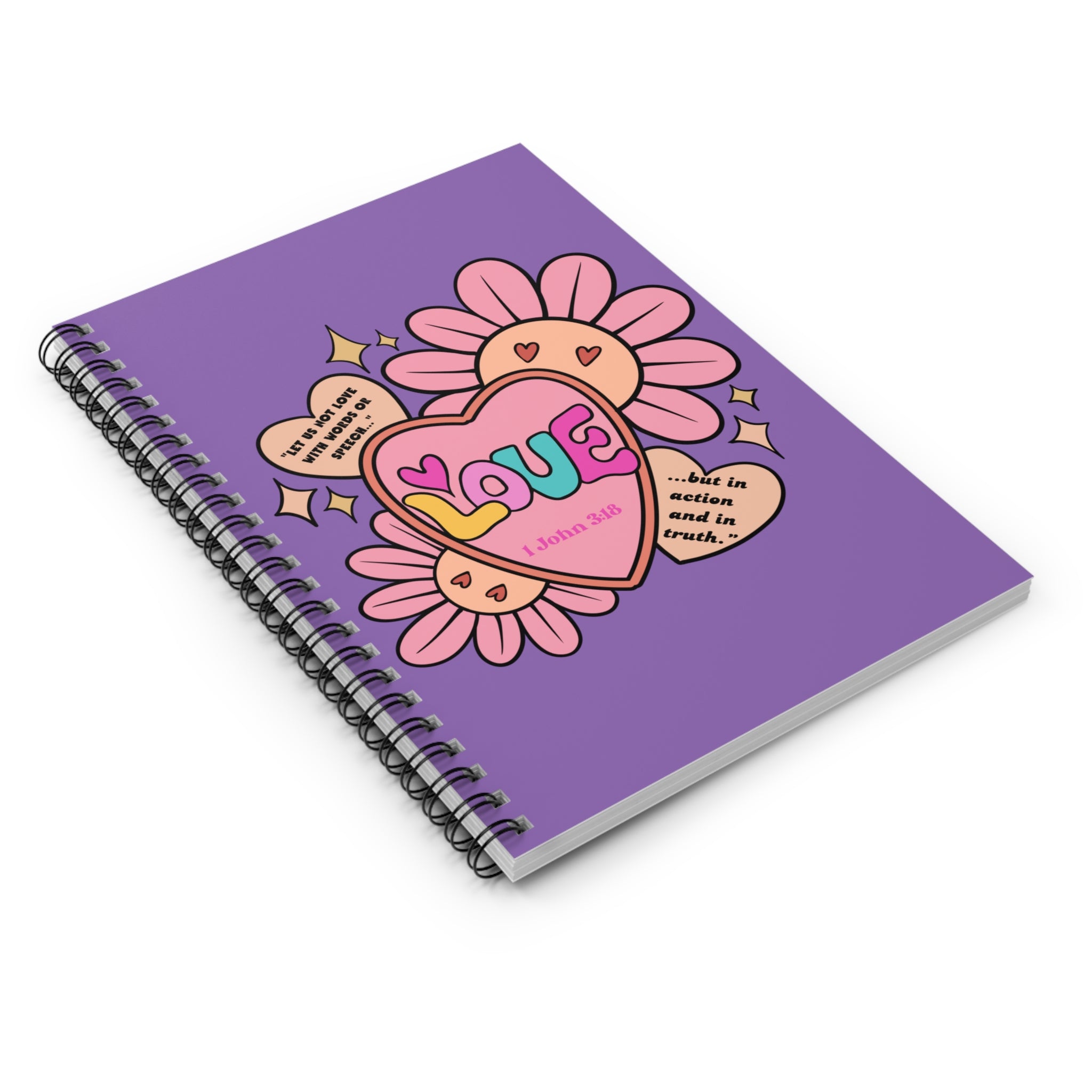 Love Heart Floral Spiral Notebook — 1 John 3:18 Christian Journal
