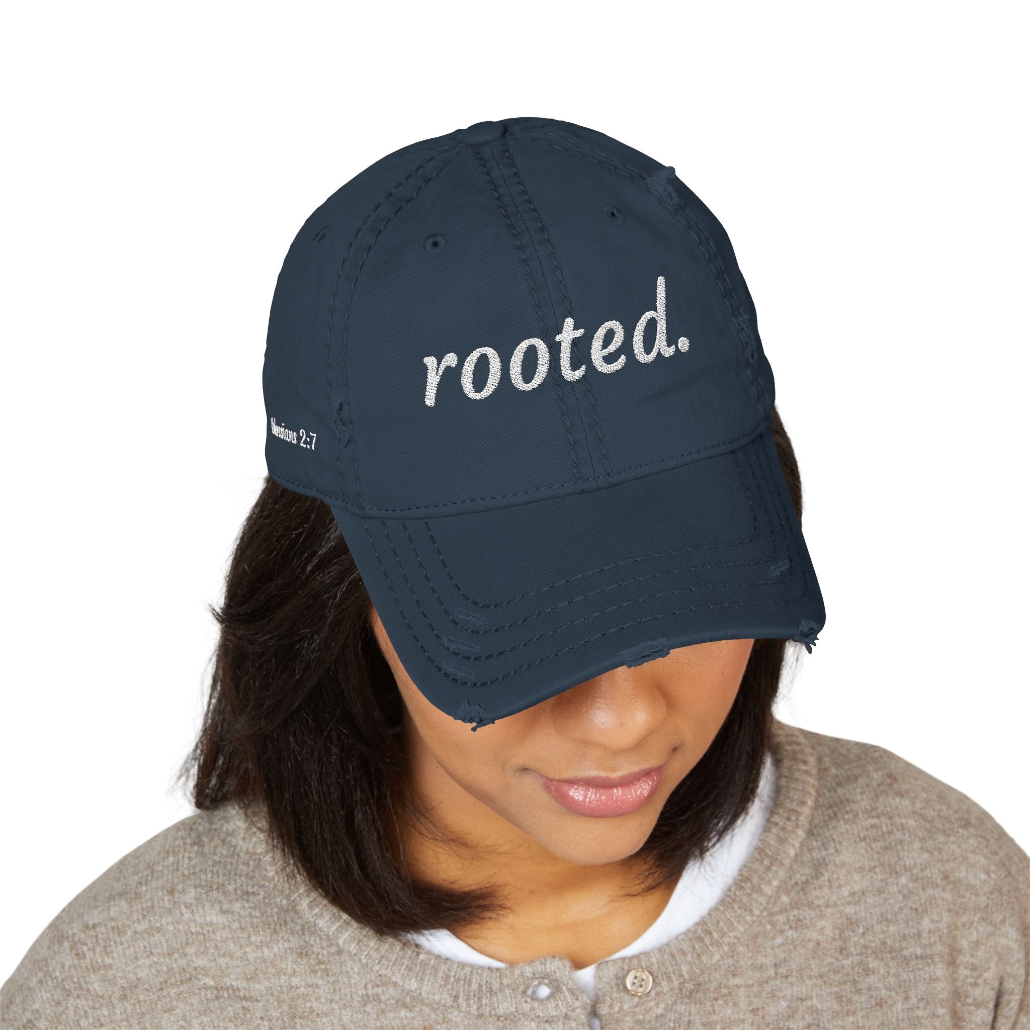 Rooted Embroidered Distressed Hat — Colossians 2:7