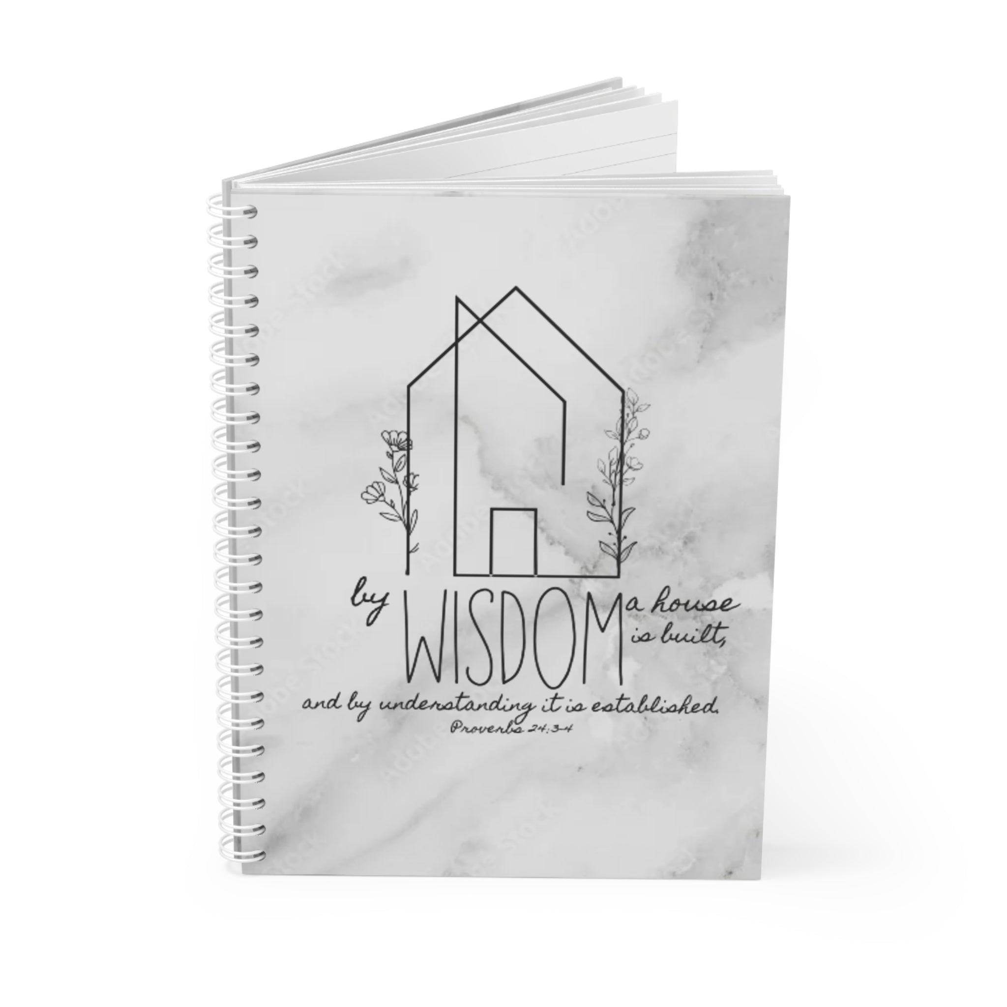 Wisdom Quote Spiral Notebook — Marble Christian Journal (Proverbs 24:3)