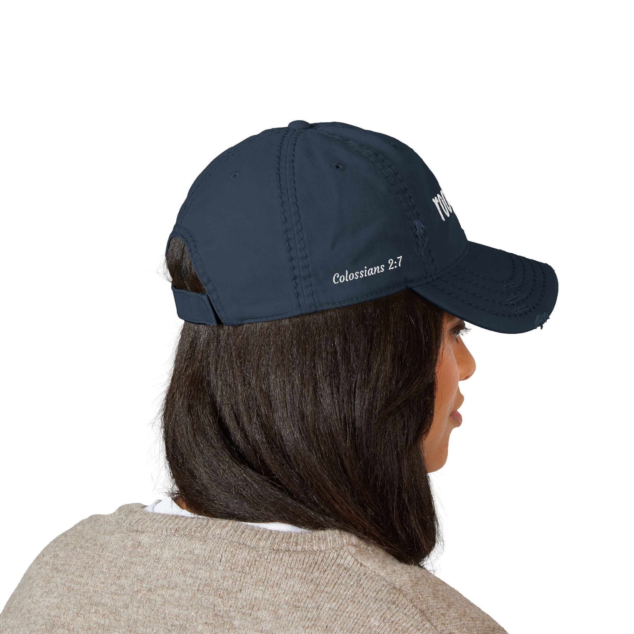 Rooted Embroidered Distressed Hat — Colossians 2:7