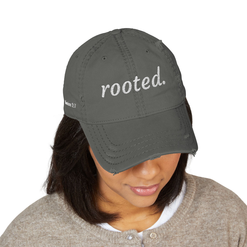 Rooted Embroidered Distressed Hat — Colossians 2:7