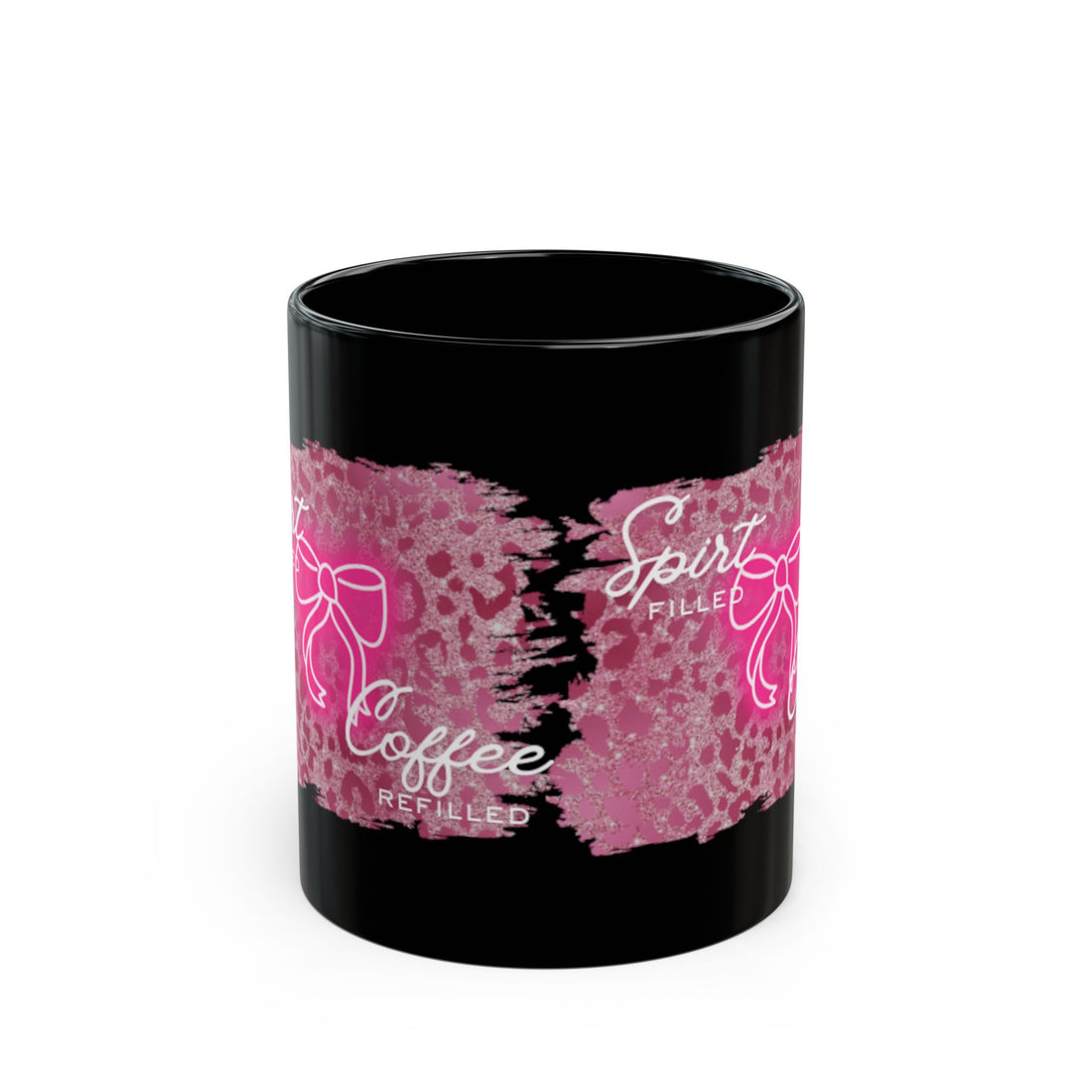 Black Coffee Mug — “Spirit Filled, Coffee Refilled” Pink Bow Design (11oz & 15oz)