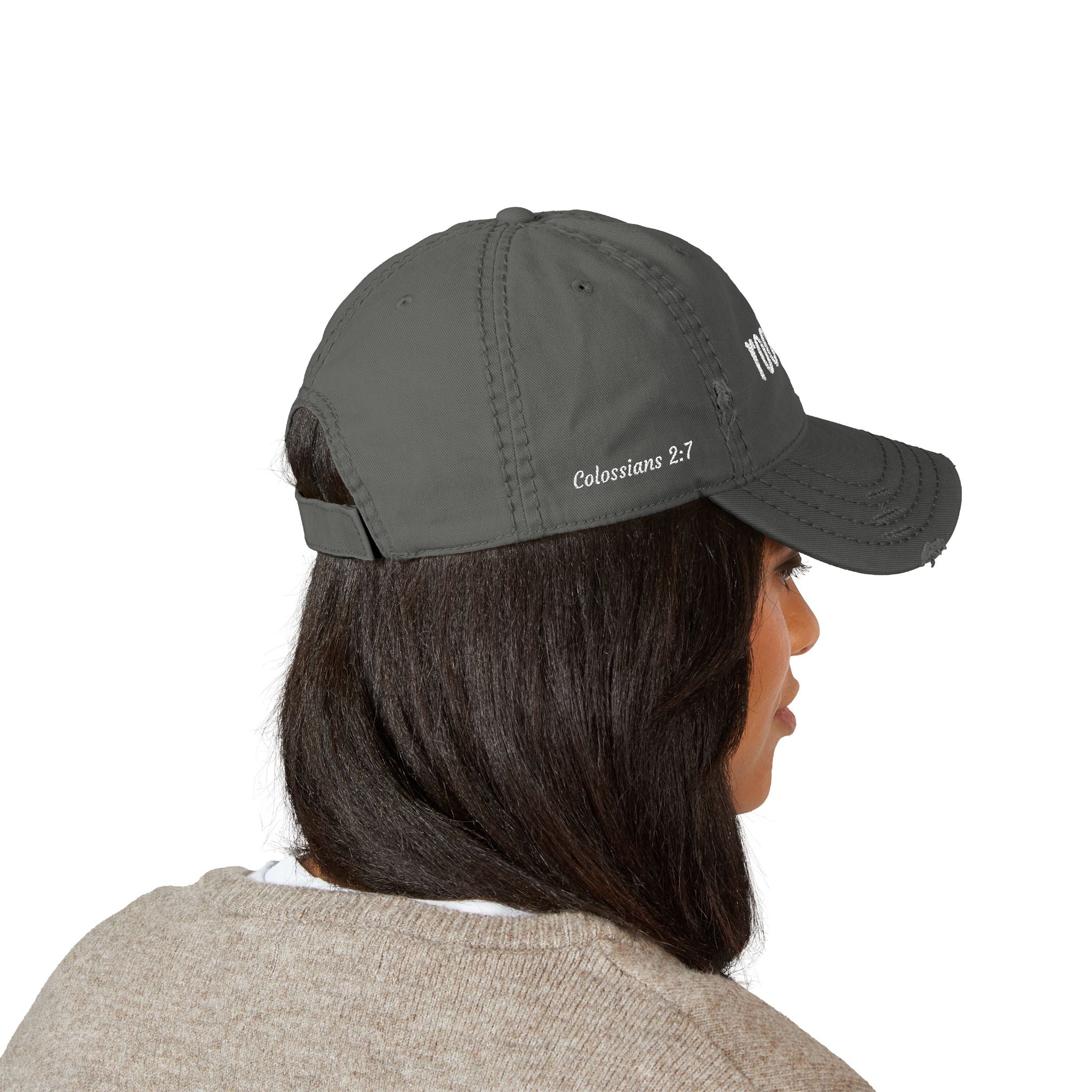Rooted Embroidered Distressed Hat — Colossians 2:7