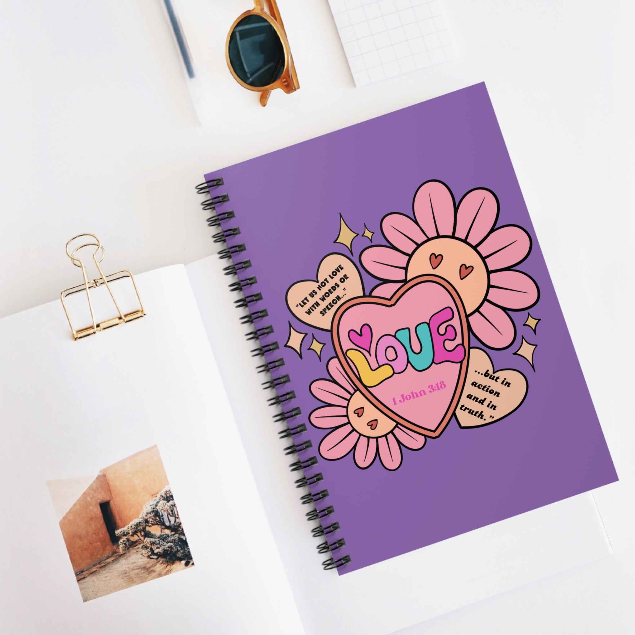 Love Heart Floral Spiral Notebook — 1 John 3:18 Christian Journal