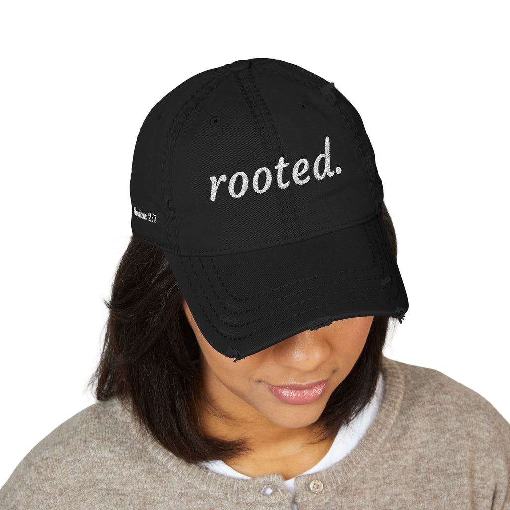 Rooted Embroidered Distressed Hat — Colossians 2:7