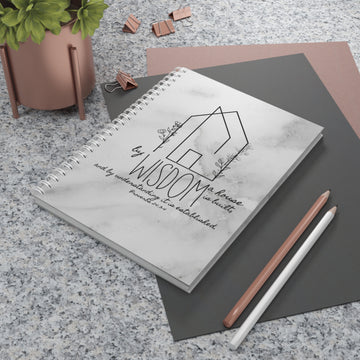 Wisdom Quote Spiral Notebook — Marble Christian Journal (Proverbs 24:3)