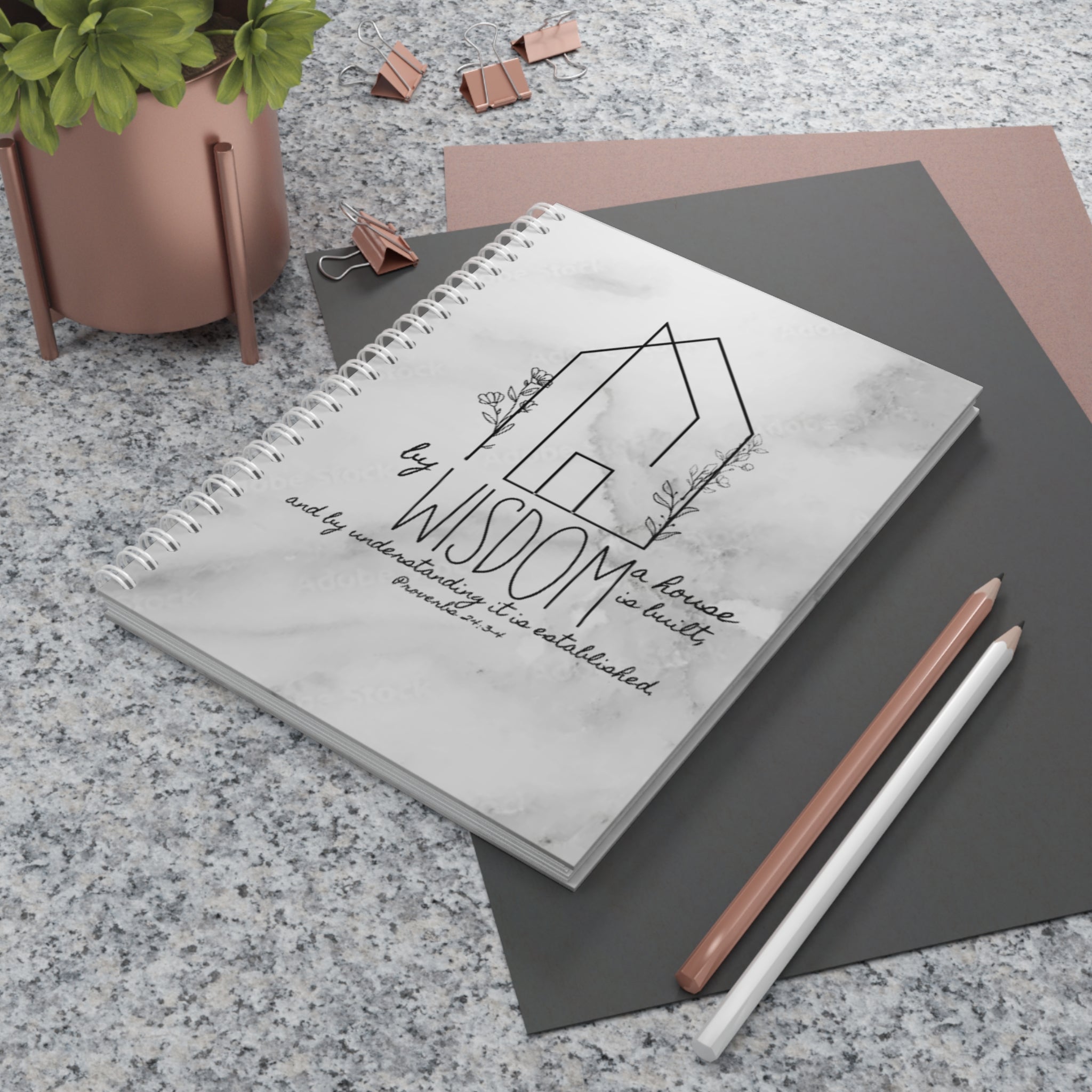 Wisdom Quote Spiral Notebook — Marble Christian Journal (Proverbs 24:3)