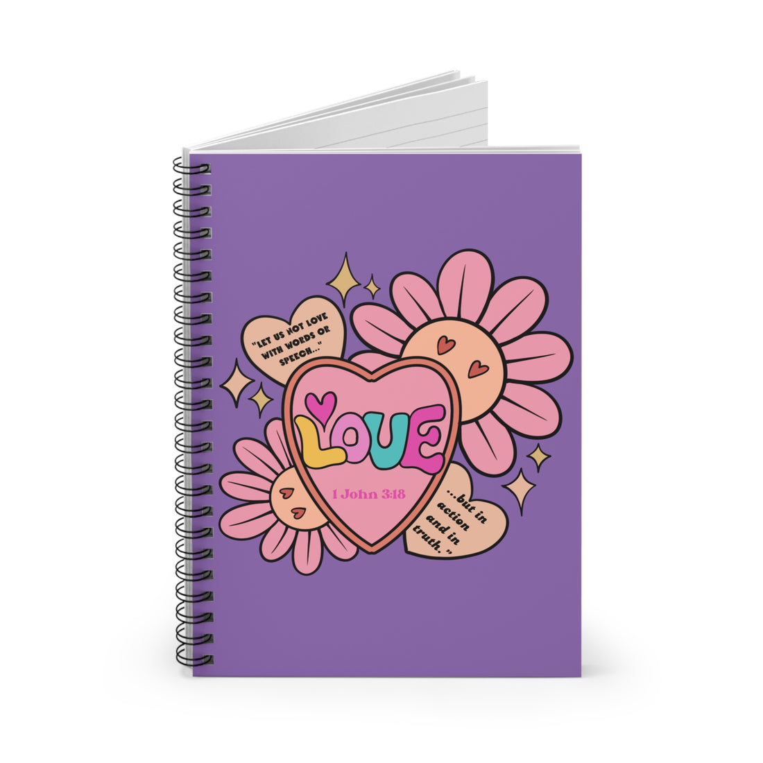 Love Heart Floral Spiral Notebook — 1 John 3:18 Christian Journal