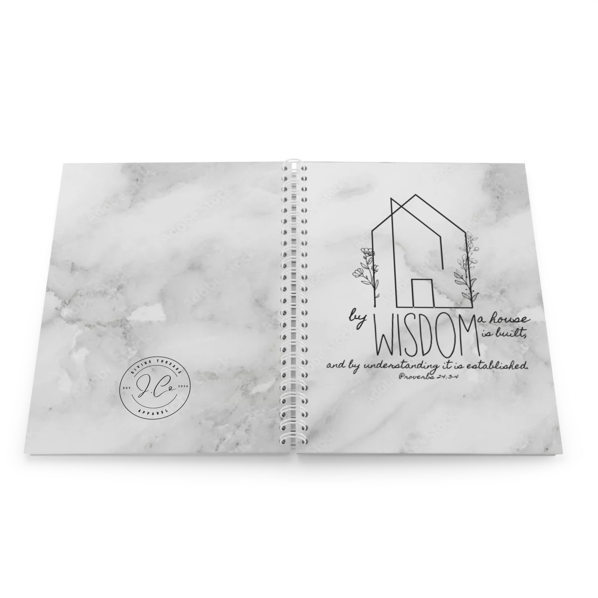 Wisdom Quote Spiral Notebook — Marble Christian Journal (Proverbs 24:3)